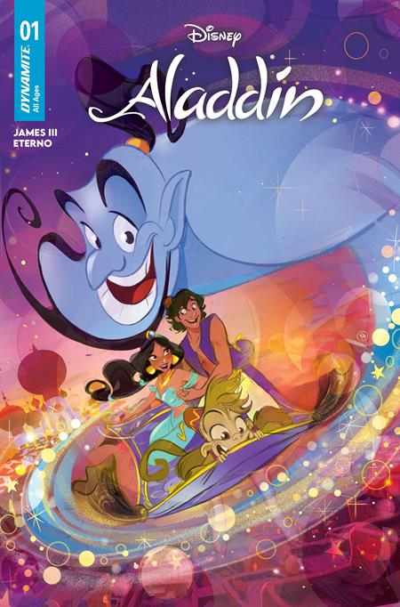 Aladdin #1 CVR A by Nicoletta Baldari featuring Aladdin beginning a magical new adventure in Agrabah with Princess Jasmine, Genie, Abu, and Carpet in this debut comic from Dynamite Entertainment.