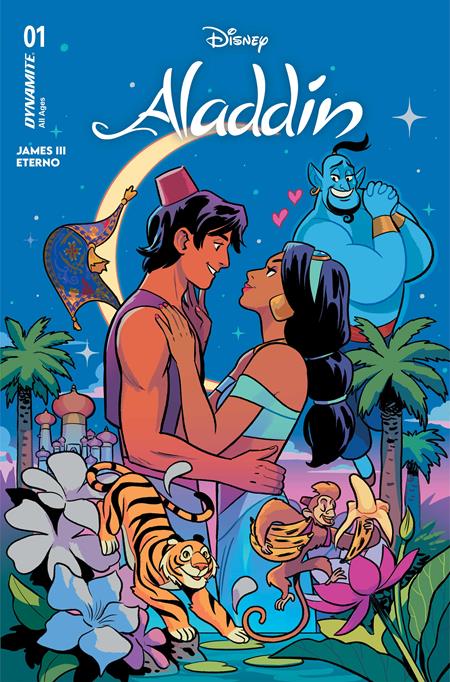 Aladdin #1 CVR B Natacha Bustos Variant featuring Aladdin on a magical adventure in Agrabah with Princess Jasmine, Genie, Abu, and Carpet with cover artwork by Natacha Bustos for Dynamite Entertainment.
