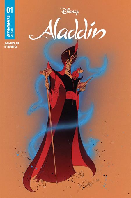 Aladdin #1 CVR C J. Scott Campbell Variant featuring Aladdin on a magical adventure in Agrabah with Princess Jasmine, Genie, Abu, and Carpet with collectible cover artwork by J. Scott Campbell for Dynamite Entertainment.