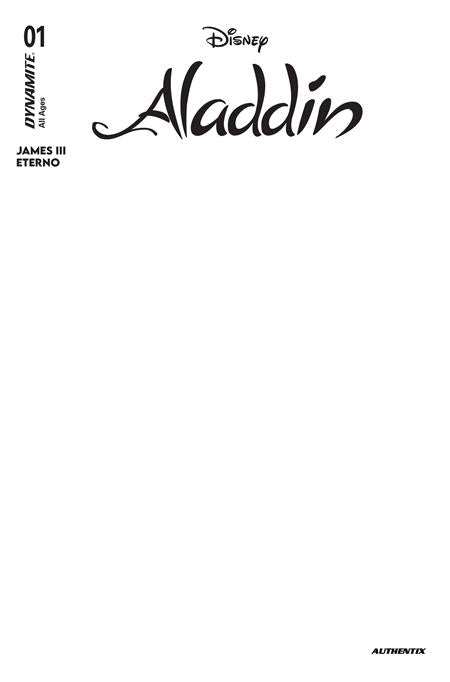 Aladdin #1 CVR E Blank Authentix Variant featuring a blank sketch cover designed for original artwork, creator signatures, and CGC Signature Series submissions from Dynamite Entertainment.