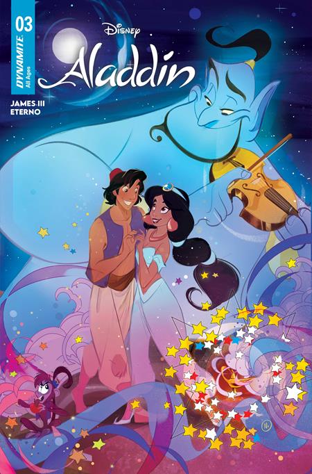 Aladdin #3 Cover A by Nicoletta Baldari featuring Aladdin, Princess Jasmine, Genie, Abu and Magic Carpet beneath a starry Agrabah sky.