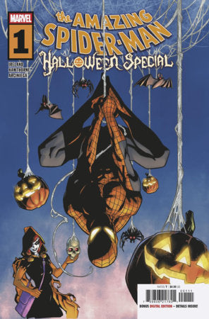 Amazing Spider-Man: Halloween Special #1 Cover A by Mike Hawthorne featuring Spider-Man hanging upside down in a dark hooded costume surrounded by flying bats, glowing jack-o'-lanterns, and hanging spiderwebs, with Hallows' Eve standing below against a spooky blue Halloween sky.