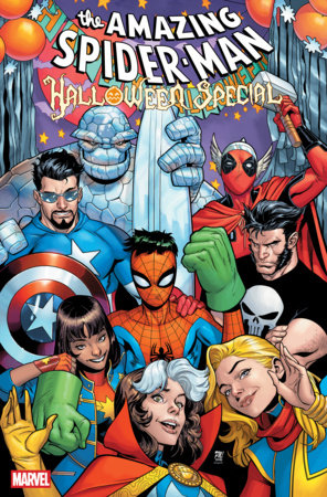 Amazing Spider-Man: Halloween Special #1 Paco Medina Variant featuring Spider-Man surrounded by Marvel superheroes including Deadpool, Captain America, the Punisher, and other costumed characters posing together beneath orange Halloween decorations against a festive comic book background.