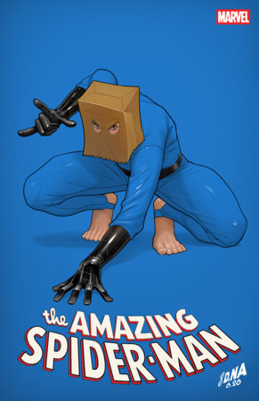 Amazing Spider-Man #33 David Nakayama Color Block Blue Variant featuring Spider-Man in his classic Bombastic Bag-Man costume against a minimalist blue background for Marvel Comics.