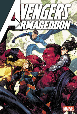 Avengers: Armageddon #4 cover by Dike Ruan featuring Red Hulk battling Captain Marvel, Mister Fantastic and Marvel heroes in an explosive Avengers showdown.