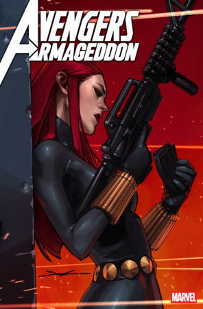 Avengers: Armageddon #4 Jeehyung Lee 1:25 Variant featuring Black Widow with a rifle against a dramatic red background.