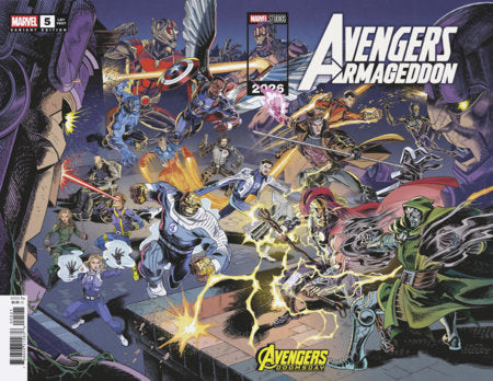 Avengers: Armageddon #5 Leonel Castellani Marvel Studios Avengers: Doomsday Wraparound Variant featuring a panoramic battle scene with numerous Marvel superheroes and villains, including armored warriors, Captain America shield imagery, Doctor Doom-inspired figures, lightning effects, and explosive action surrounding the Avengers: Doomsday logo.