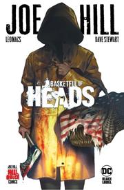Basketful of Heads HC cover featuring June Branch wielding a supernatural Viking axe surrounded by eerie severed heads in Joe Hill’s horror graphic novel from DC Black Label.