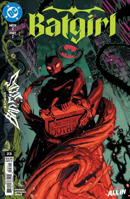 Batgirl #23 David Talaski Batman Bad Seeds Cover featuring Cassandra Cain perched above Gotham amid monstrous prehistoric plants and vines.
