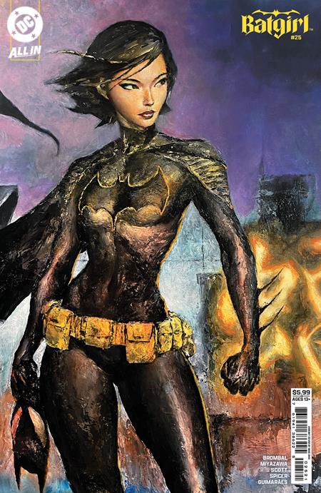 Batgirl #25 Cover B Mike Choi Card Stock Variant featuring Cassandra Cain in her black Batgirl costume with a gold bat emblem and utility belt, standing against a dramatic purple cityscape with flames in the background.