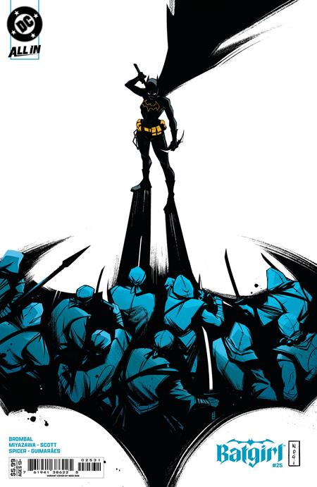 Batgirl #25 Cover C Nogi San Card Stock Variant featuring Cassandra Cain standing atop a towering black structure with her cape flowing overhead, surrounded by blue-clad armed figures against a dramatic white background.