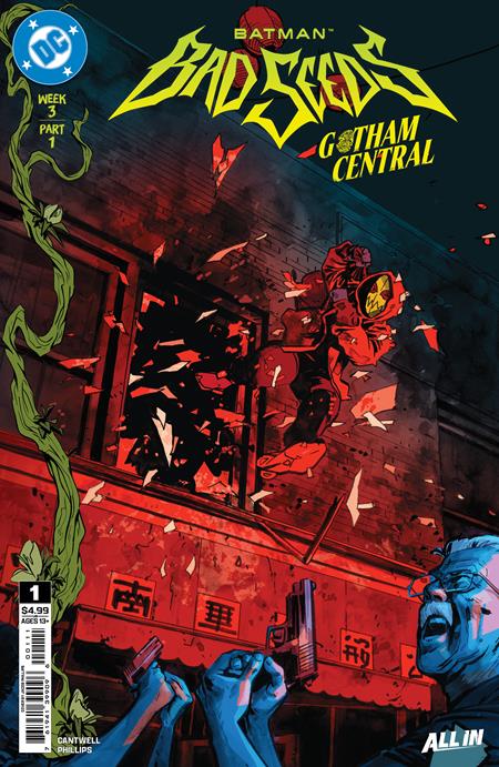 Batman Bad Seeds Gotham Central #1 Cover A by Jacob Phillips featuring a violent escape through a shattered window as armed GCPD officers respond below.