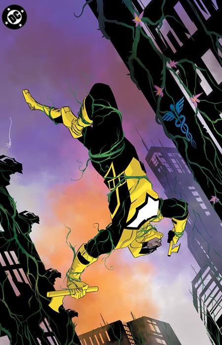 Batman: Bad Seeds Gotham General #1 Cover D Dustin Nguyen Spot Foil Variant featuring a hooded figure in a black, yellow, and green costume descending between Gotham City skyscrapers covered in twisting vines and pink flowers against a dramatic purple and orange sky.