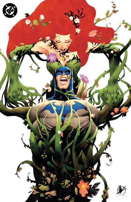 Batman: Bad Seeds Sunrise #1 Cover F Matteo Scalera Glow-in-the-Dark Variant featuring Poison Ivy with flowing red hair looming over a struggling Batman as green vines, flowers, and twisting plant tendrils engulf his body against a white background.