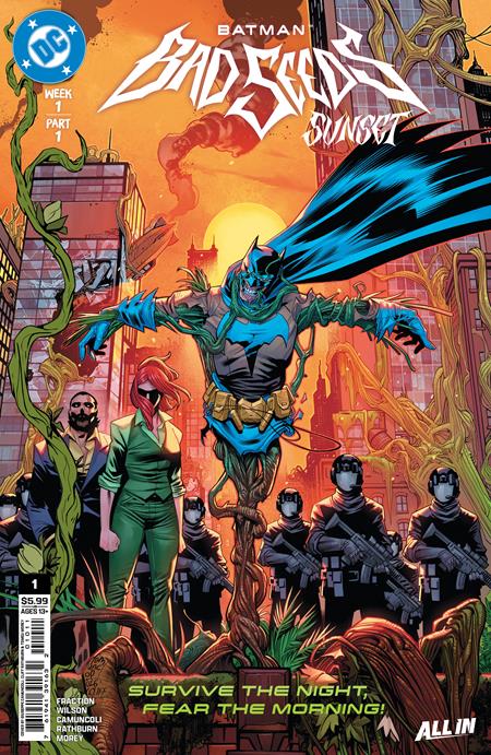 Batman Bad Seeds Sunset #1 Cover A featuring Batman surrounded by prehistoric plant growth, Pamela Isley and armed forces as the sun sets over Gotham City.