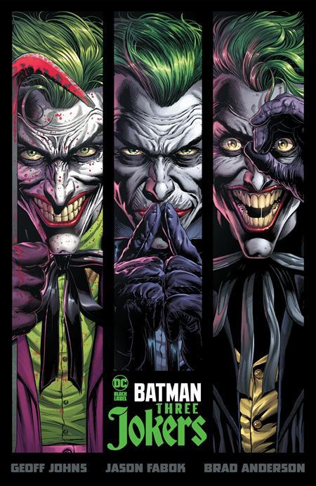Batman Three Jokers HC cover featuring Batman, Batgirl, Red Hood, and multiple versions of The Joker in the acclaimed DC Black Label graphic novel by Geoff Johns and Jason Fabok.