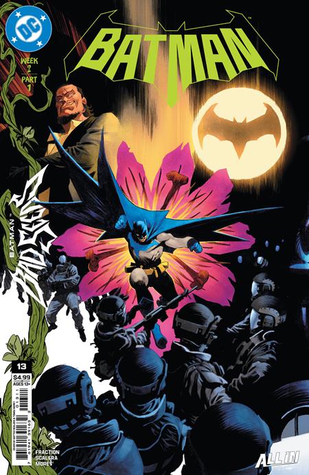 Batman #13 Cover A by Matteo Scalera featuring Batman battling armed forces beneath the Bat-Signal during the Batman Bad Seeds event.