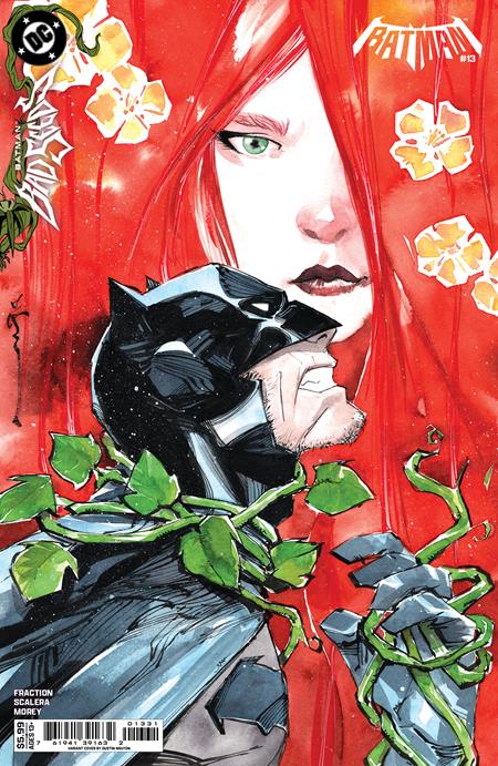 Batman #13 Cover C Dustin Nguyen Variant featuring Batman entangled in green vines with a large portrait of Poison Ivy behind him.