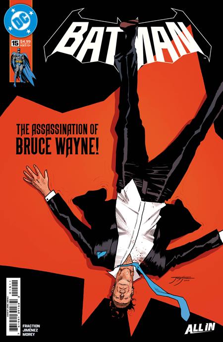 Batman #15 Cover A by Jorge Jimenez featuring Bruce Wayne falling upside down in a black tuxedo with a loosened blue tie against a bold red and black Batman symbol, highlighting The Assassination of Bruce Wayne storyline.