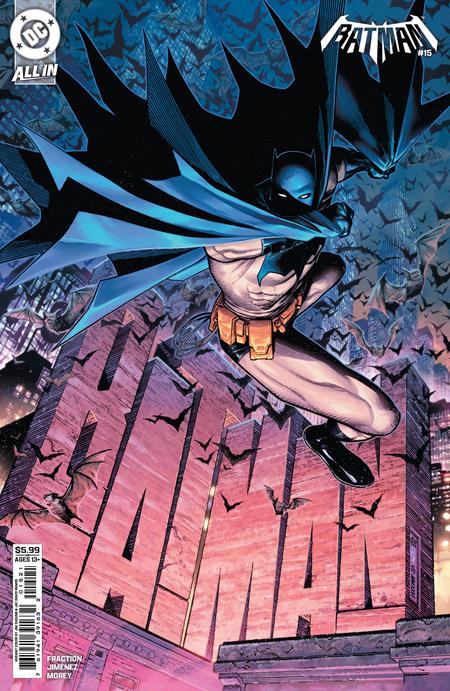 Batman #15 Cover B Jim Cheung Card Stock Variant featuring Batman leaping forward with his cape spread wide above Gotham City, surrounded by flying bats and towering pink Gotham architecture.