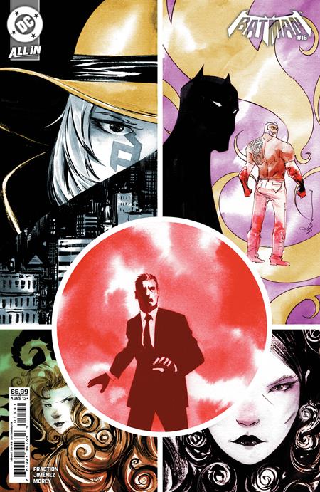 Batman #15 Cover C Dustin Nguyen Variant featuring a collage of mysterious Gotham characters, a shadowy Batman silhouette, and Bruce Wayne in a red circular spotlight surrounded by dramatic black, white, and gold artwork.