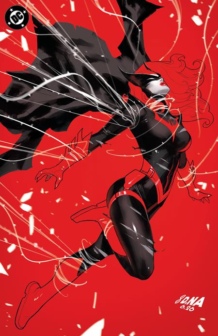 Batwoman #8 Cover D David Nakayama Bad Seeds Spot Foil Variant featuring Kate Kane in her black-and-red Batwoman costume leaping through the air, with her cape flowing dramatically against a vivid red background filled with white streaks and scattered fragments.