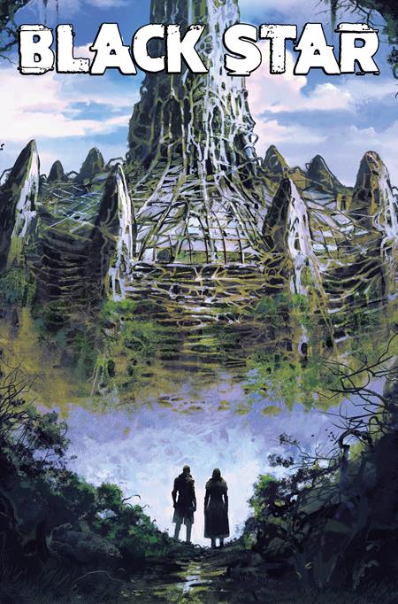 Black Star #3 Cover C Reza Afshar Variant featuring two figures approaching a mysterious towering structure surrounded by jagged formations and wilderness.