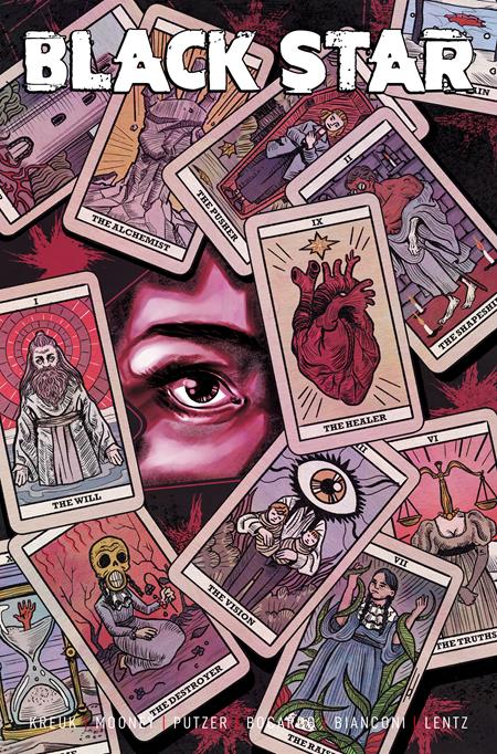 Black Star #4 Cover B by Joe Bocardo featuring a mysterious eye surrounded by overlapping illustrated tarot cards depicting mystical figures, symbols, and a human heart in shades of pink, purple, and black.