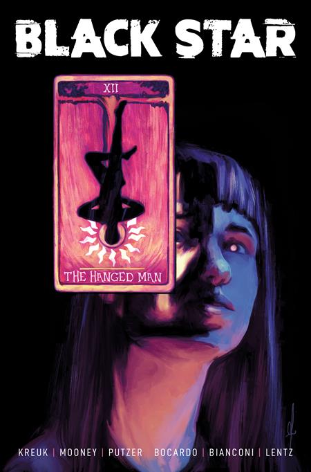 Black Star #4 Cover D Andrea Olimpieri Card Stock Variant featuring a mysterious dark-haired woman illuminated in purple and pink tones, with The Hanged Man tarot card floating over one side of her face against a black background.