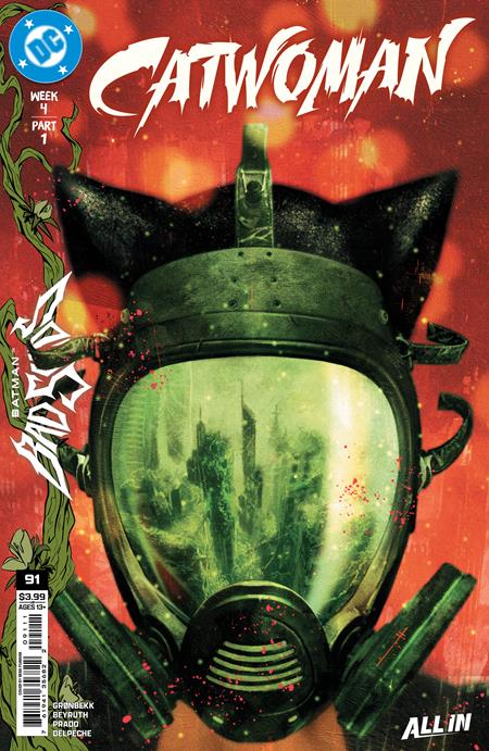 Catwoman #91 Cover A by Sebastian Fiumara for Batman Bad Seeds Part 1 featuring a cat-eared gas mask with a devastated city reflected in its visor.