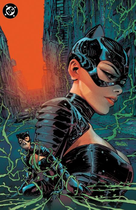 Catwoman #91 Cover E Dan Panosian Bad Seeds Spot Foil Variant featuring Selina Kyle in her Catwoman suit with Batman trapped in twisting green vines behind her.