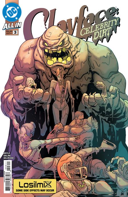 Clayface Celebrity Dirt #3 Cover A by Riley Rossmo featuring a massive Clayface surrounded by grotesquely transformed figures affected by the mysterious Losilmi supplement.