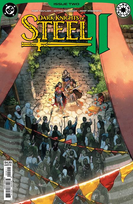Dark Knights of Steel II #2 Cover A by Yasmine Putri featuring heroes surrounded by a medieval crowd in DC Comics' fantasy Elseworlds series.