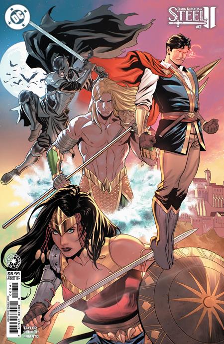 Dark Knights of Steel II #2 Cover D Lucas Meyer Variant featuring Wonder Woman, Superman, Aquaman and Batman in medieval-inspired designs for DC Comics.