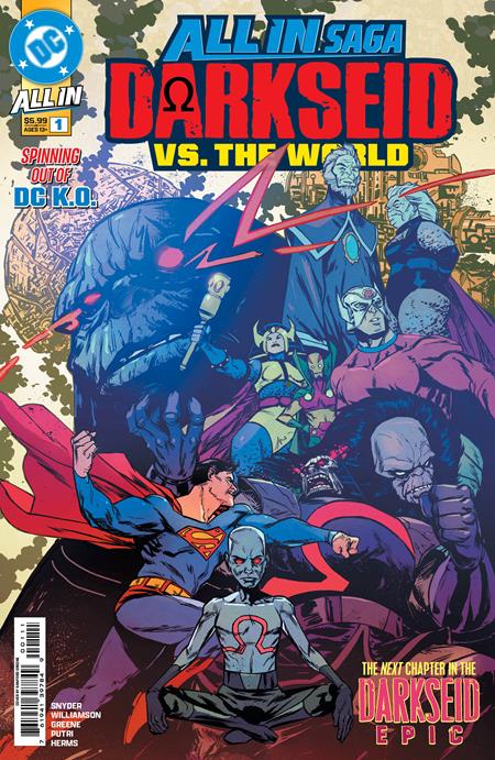 DC All In Saga: Darkseid vs. The World #1 Cover A by Sanford Greene featuring Darkseid looming over Superman and other DC Universe heroes, with cosmic machinery, dramatic energy effects, and bold blue, red, purple, and yellow comic book artwork.