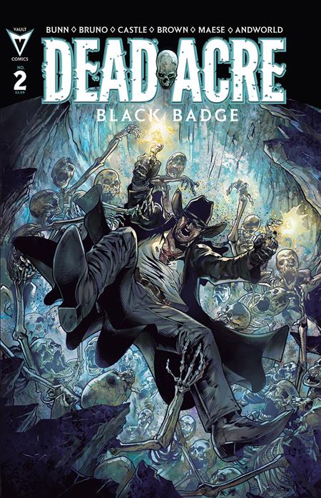 Dead Acre #2 Cover A by Riley Brown featuring demon hunter James Crowley surrounded by undead skeletons in the supernatural Western Black Badge series.