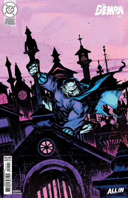 The Demon #2 Cover D Sanford Greene Card Stock Variant featuring Etrigan the Demon leaping across gothic rooftops with his cape flowing, surrounded by dark castle spires against a purple and pink twilight sky.