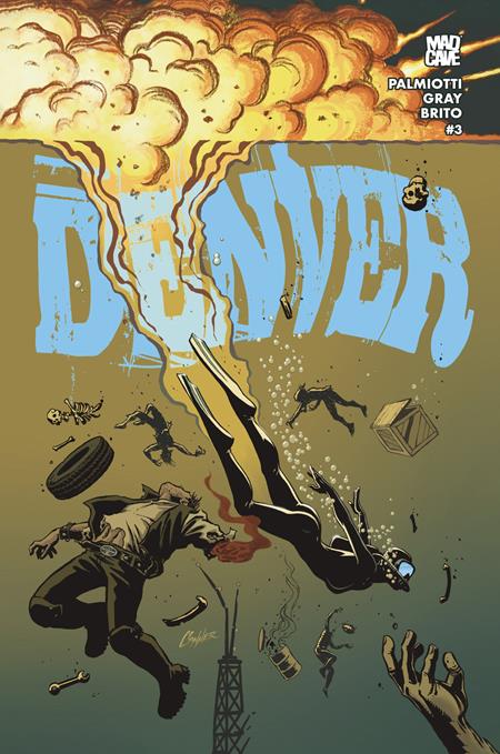 Denver #3 Cover A by Amanda Conner featuring an enormous explosion above the city as Max and several figures fall through the air amid flying debris, smoke, and destruction, with bold blue Denver lettering against a yellow and orange sky.