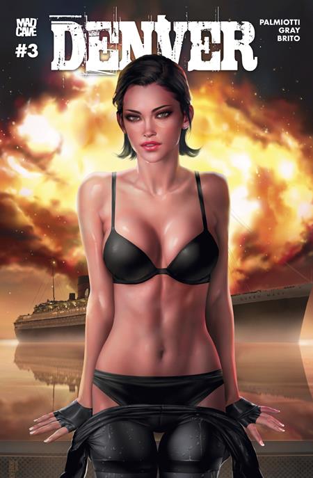 Denver #3 Cover D Josh Burns Variant featuring a dark-haired woman wearing black clothing in the foreground, with a massive fiery explosion, industrial structures, and dramatic orange and yellow flames illuminating the background.