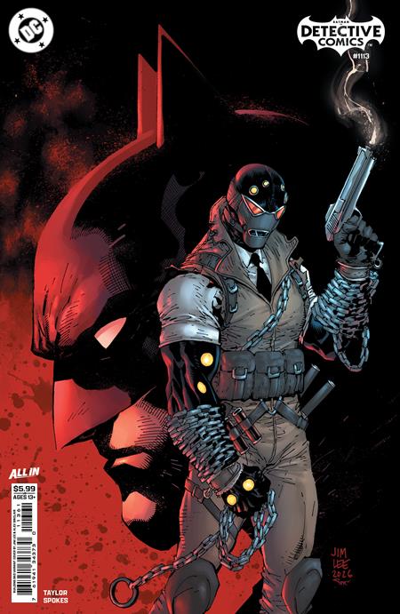 Detective Comics #1113 Cover E Jim Lee Building Bad Variant featuring an armed masked villain with chains and smoking pistol against a dramatic Batman silhouette.