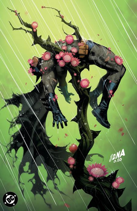 Detective Comics #1114 Cover D David Nakayama Bad Seeds Spot Foil Variant featuring Batman suspended and entangled in twisting black vines covered with pink flowers, his cape flowing against a vibrant green background with diagonal rain streaks.