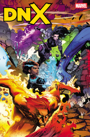 DNX #3 Federico Vicentini 5-Part Connecting Variant featuring multiple Marvel heroes charging through an explosive battle scene, including a fiery orange figure in the foreground, a blue-armored hero, and a dark-haired mutant surrounded by purple energy.