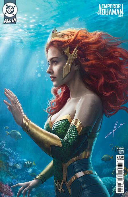 Emperor Aquaman #22 Cover B Carla Cohen Card Stock Variant featuring a red-haired Atlantean woman in green-and-gold armor with flowing hair, surrounded by blue ocean water, coral reefs, and tropical fish.