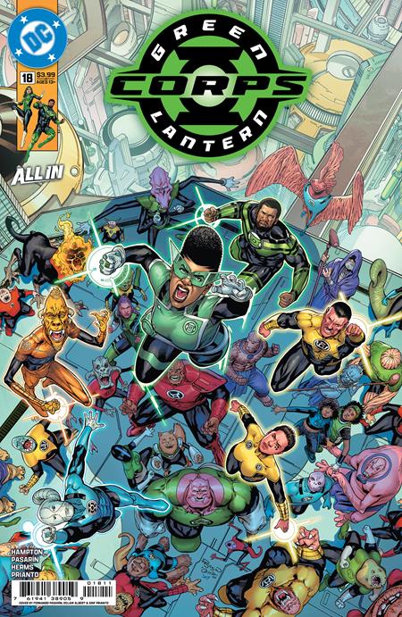 Green Lantern Corps #18 CVR A by Fernando Pasarin featuring Guy Gardner and Jessica Cruz defending Oa against the Manhunters in an epic DC Comics cosmic adventure.