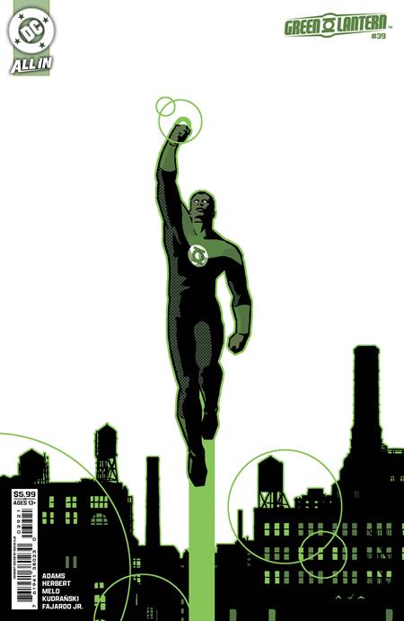 Green Lantern #39 Cover B David Aja Card Stock Variant featuring Green Lantern flying above a minimalist black city skyline on a white background.