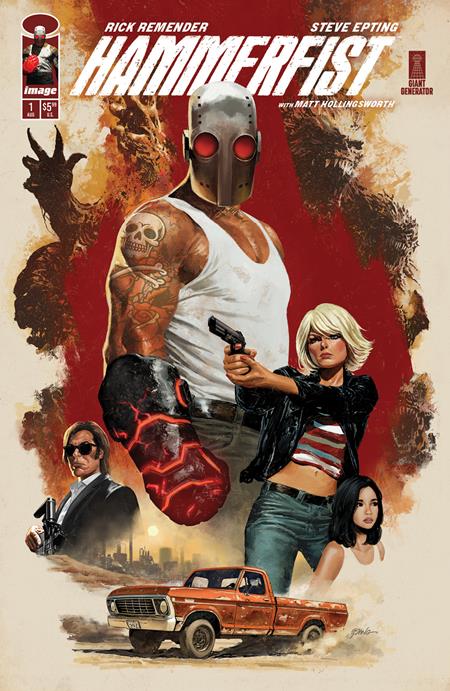 Hammerfist #1 Cover A by Steve Epting featuring masked hitman Mike Denton with his supernatural red-powered fist surrounded by armed characters.