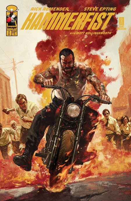 Hammerfist #2 Cover A by Steve Epting featuring a tattooed motorcycle rider escaping through flames while pursued by violent cultists.