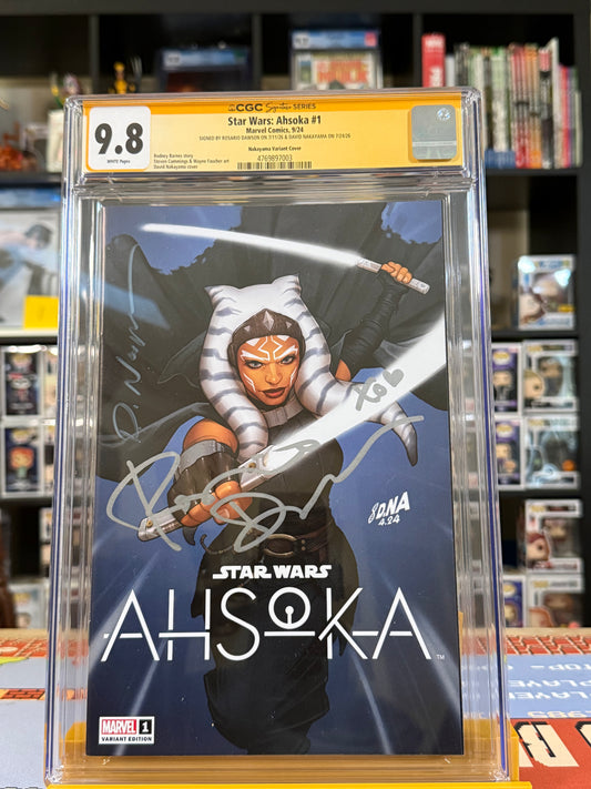 Star Wars: Ahsoka #1 David Nakayama Exclusive Variant CGC Signature Series 9.8 Yellow Label, double signed by Rosario Dawson and David Nakayama, featuring Ahsoka Tano wielding two white lightsabers, authenticated signatures across the cover,