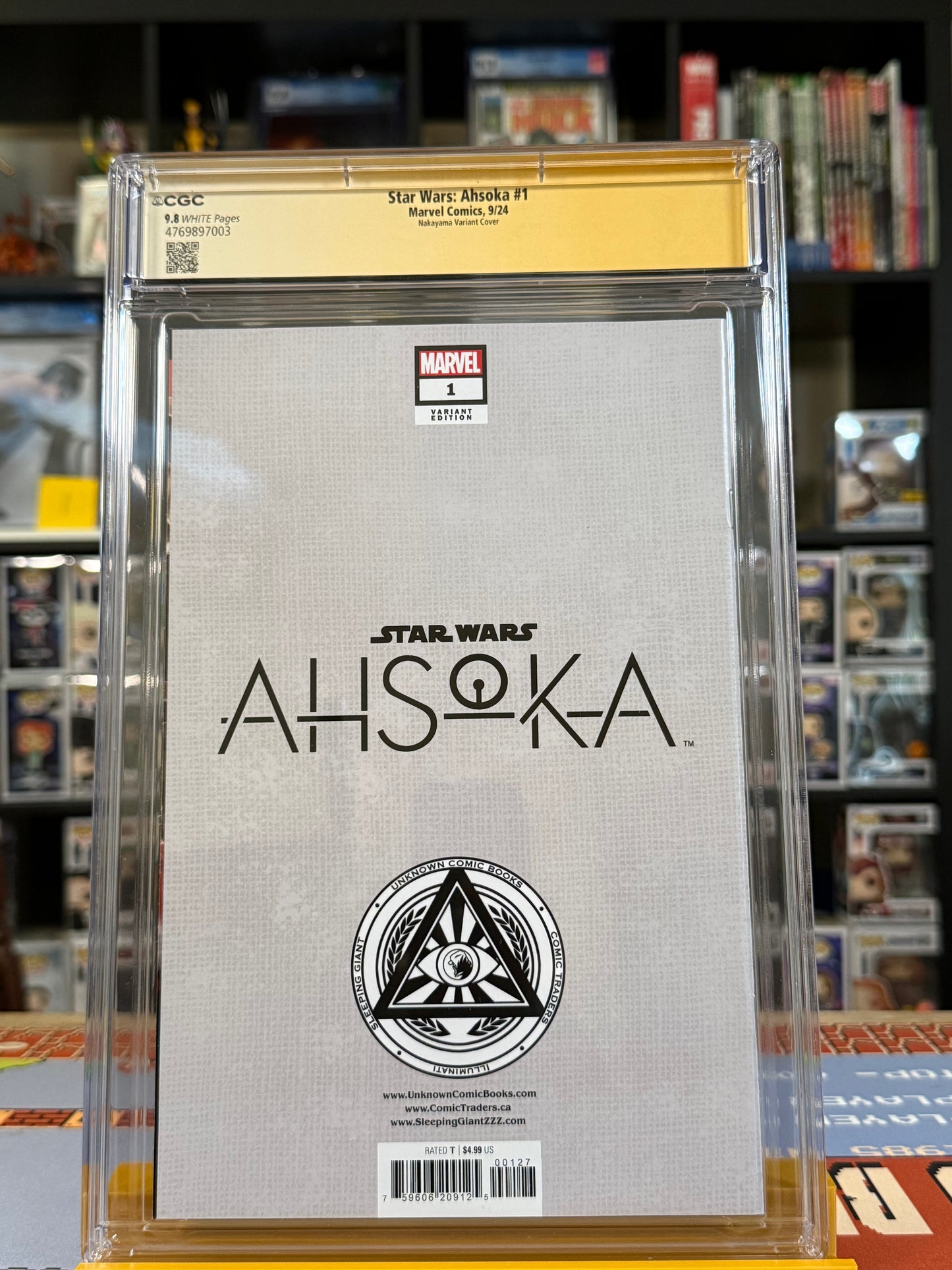 Star Wars: Ahsoka #1 David Nakayama Exclusive Variant CGC Signature Series 9.8 Yellow Label, double signed by Rosario Dawson and David Nakayama, featuring Ahsoka Tano wielding two white lightsabers, authenticated signatures across the cover,