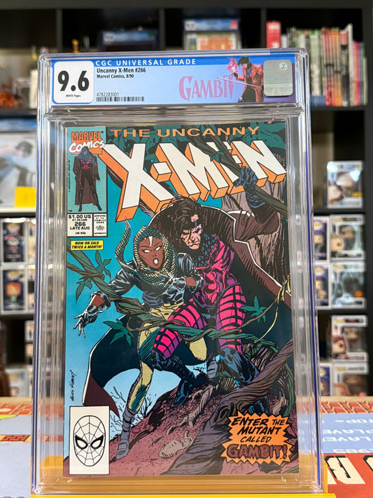 Uncanny X-Men #266 (1990) CGC 9.6 Universal Blue Label with custom Gambit artwork and White Pages, featuring the first full appearance of Gambit alongside Storm on the Andy Kubert cover,